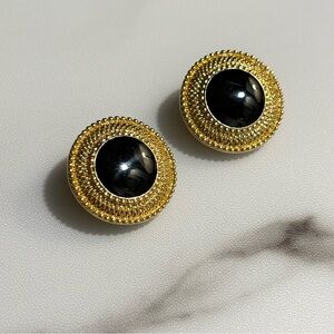 St John Vintage 80s Black Cabochon & Gold Tone Clip On Earrings